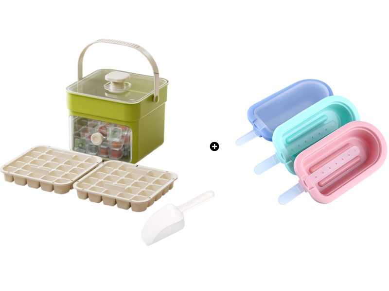 Moonval Ice Cube Maker Box, Press-to-Release Ice Tray with Storage Bin & Scoop