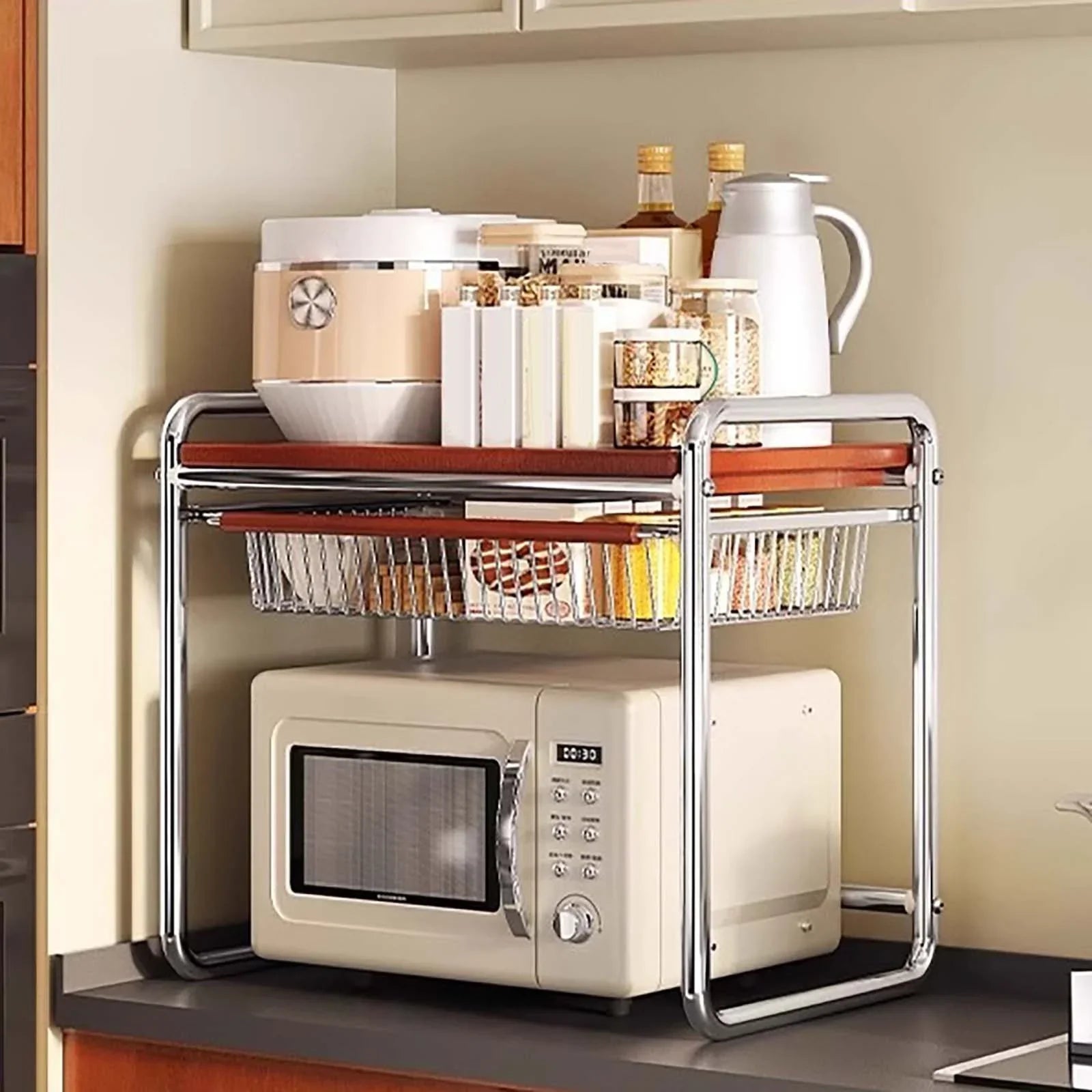 Moonval 2-Tier Microwave Shelf Stand with Pull-Out Basket, Countertop Kitchen Organizer