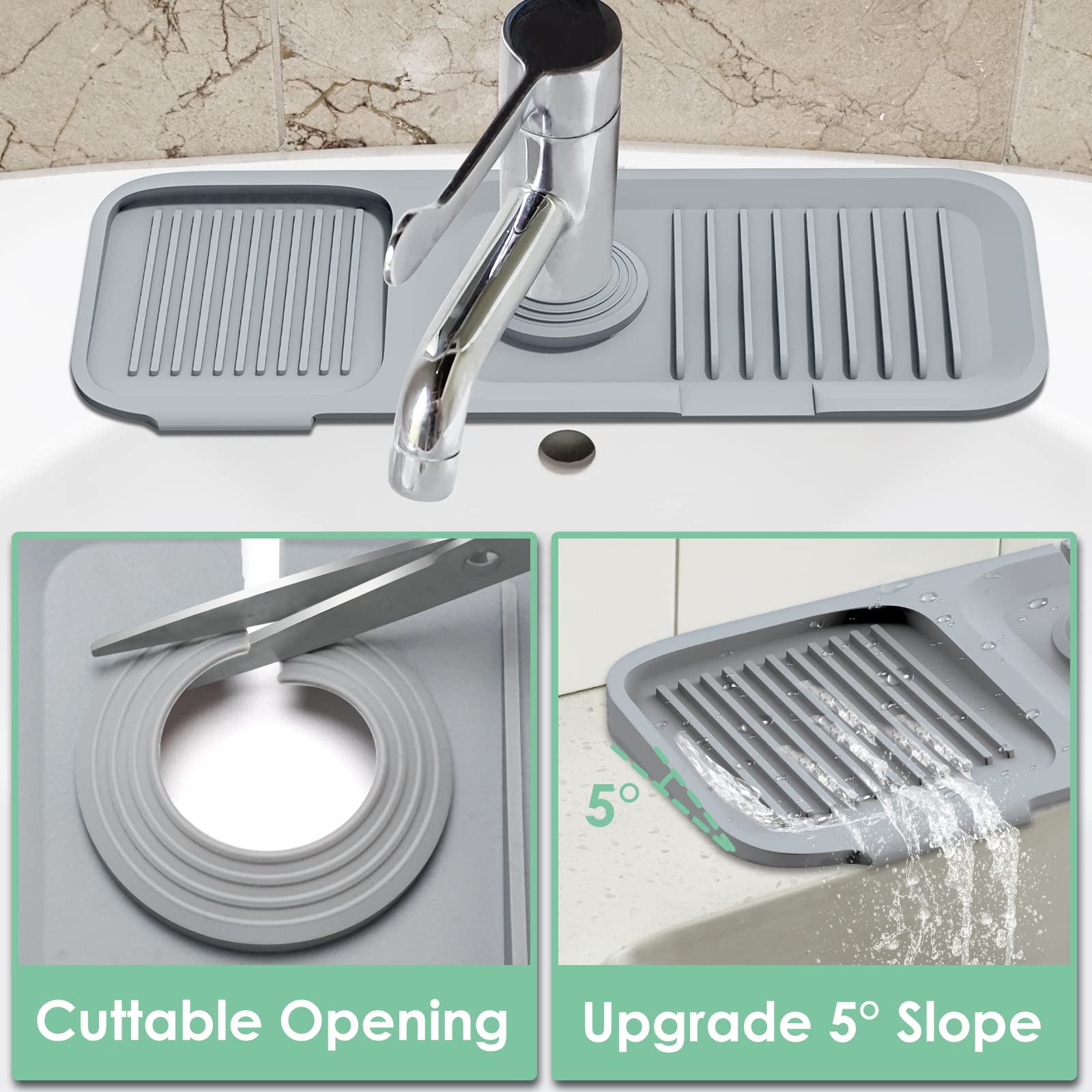 Moonval Silicone Faucet Splash Guard, 5° Self-Draining Sink Mat with Adjustable Opening