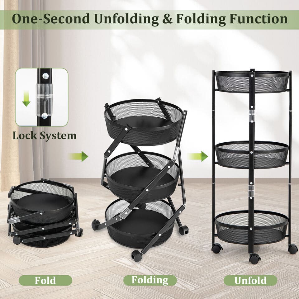 Moonval 3-Layer Rolling Foldable Cart, Collapsible Storage Trolley with 360° Locking Wheels