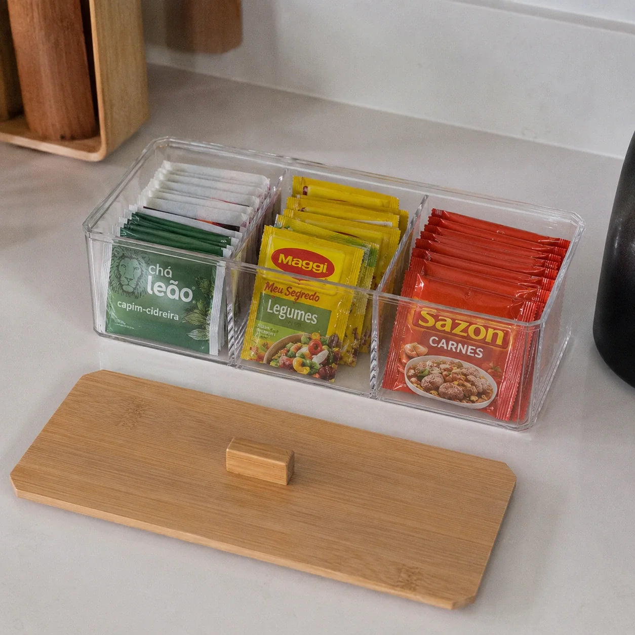 Moonval Bamboo Storage Box, 3-Compartment Organizer for Kitchen, Bathroom & Office