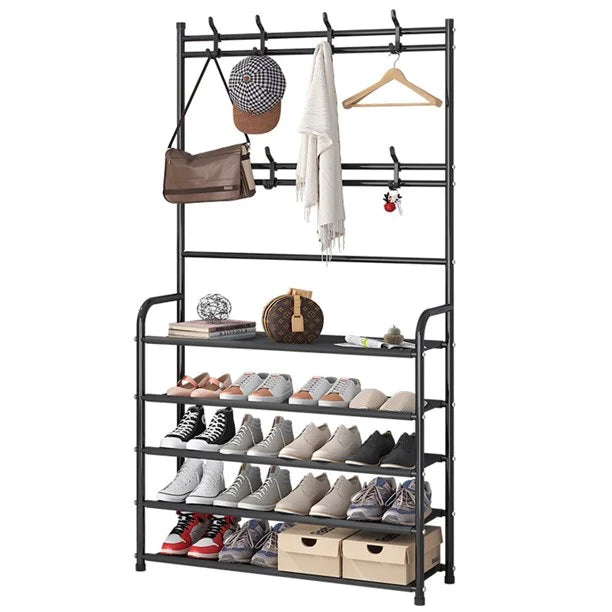 Moonval Hall Tree with Shoe Rack, Entryway Coat Stand with 4 Shoe Shelves & Storage Hooks