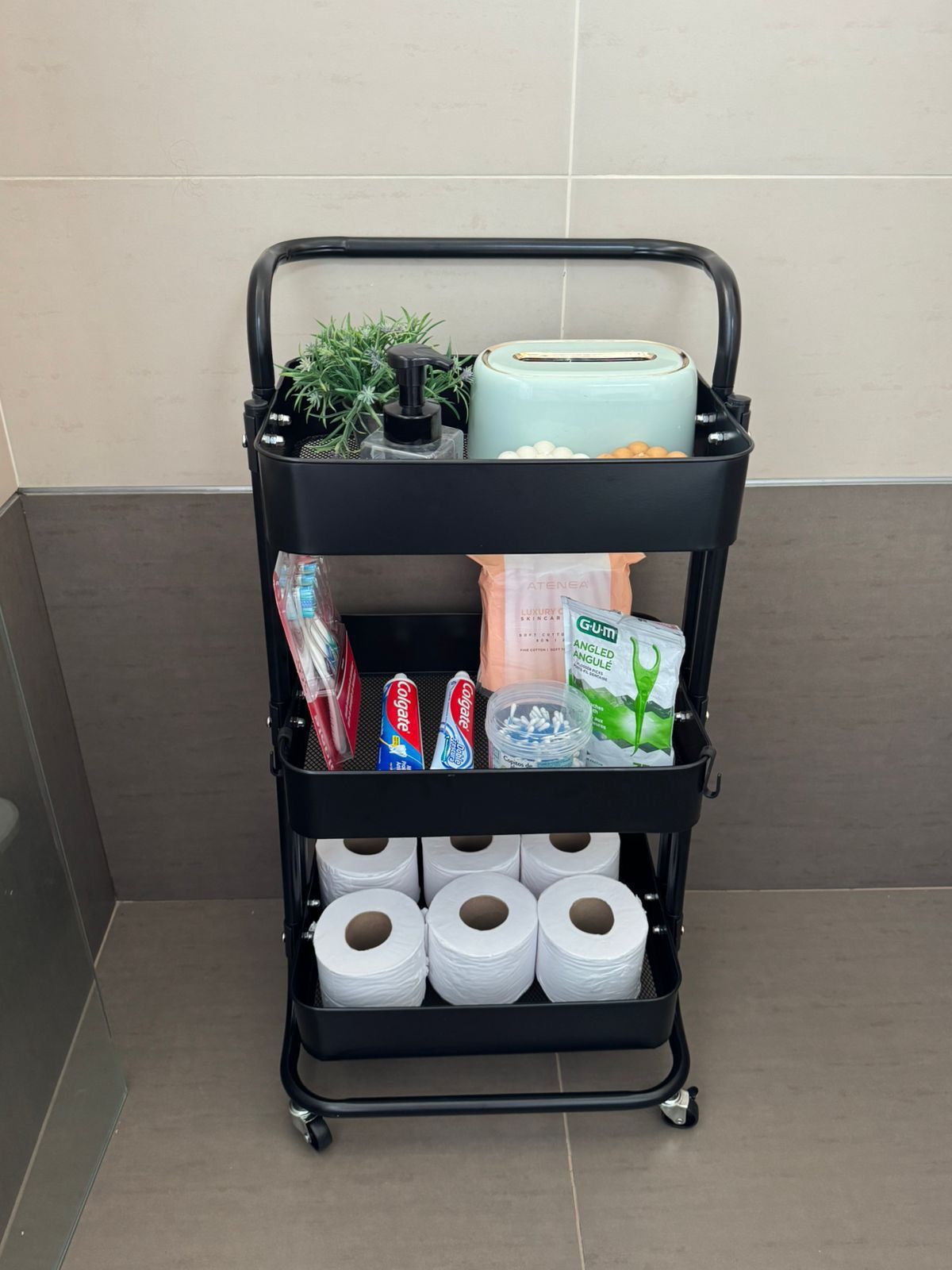 Moonval 3-Tier Rolling Utility Cart, Metal Storage Organizer with Wheels & Handle