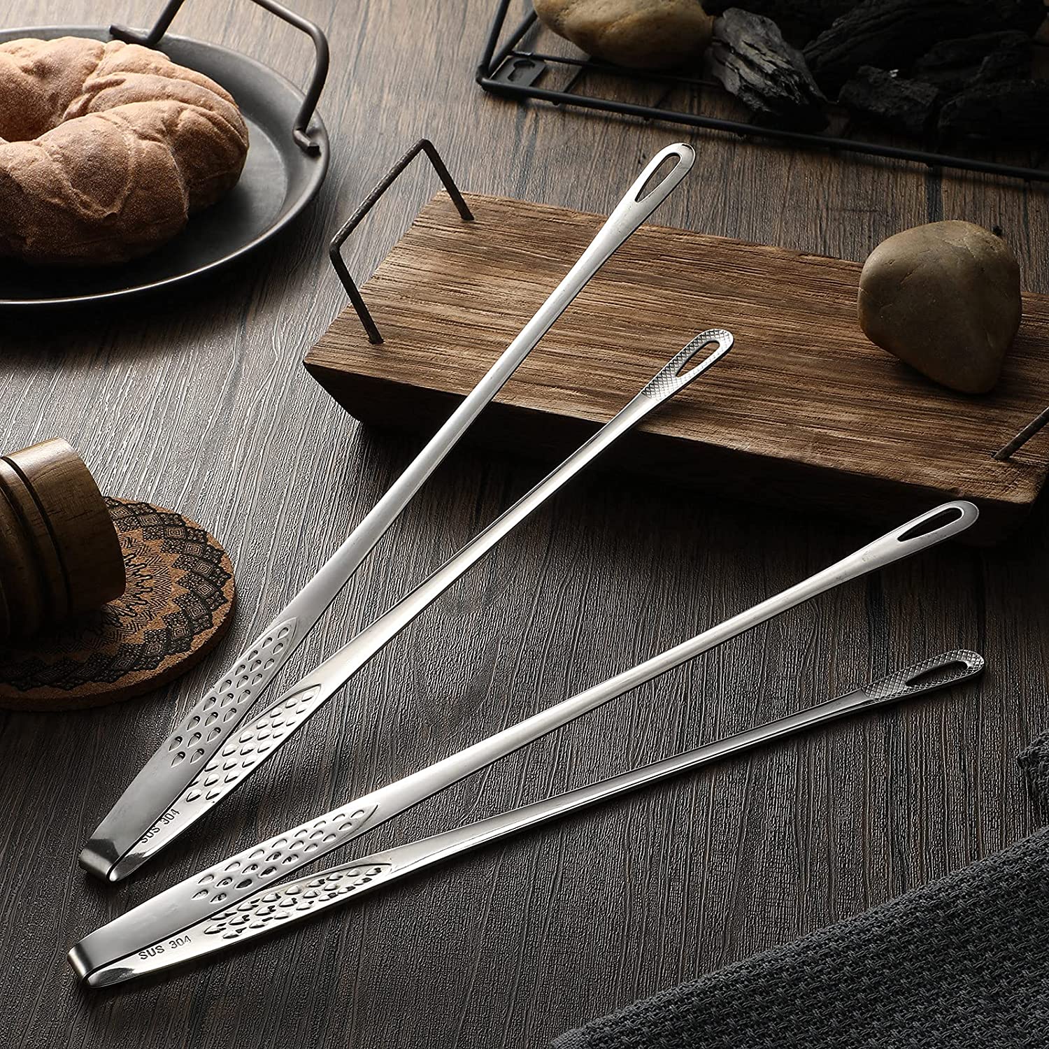 Moonval Stainless Steel BBQ Tongs, Long-Reach Kitchen & Grill Food Serving Tongs