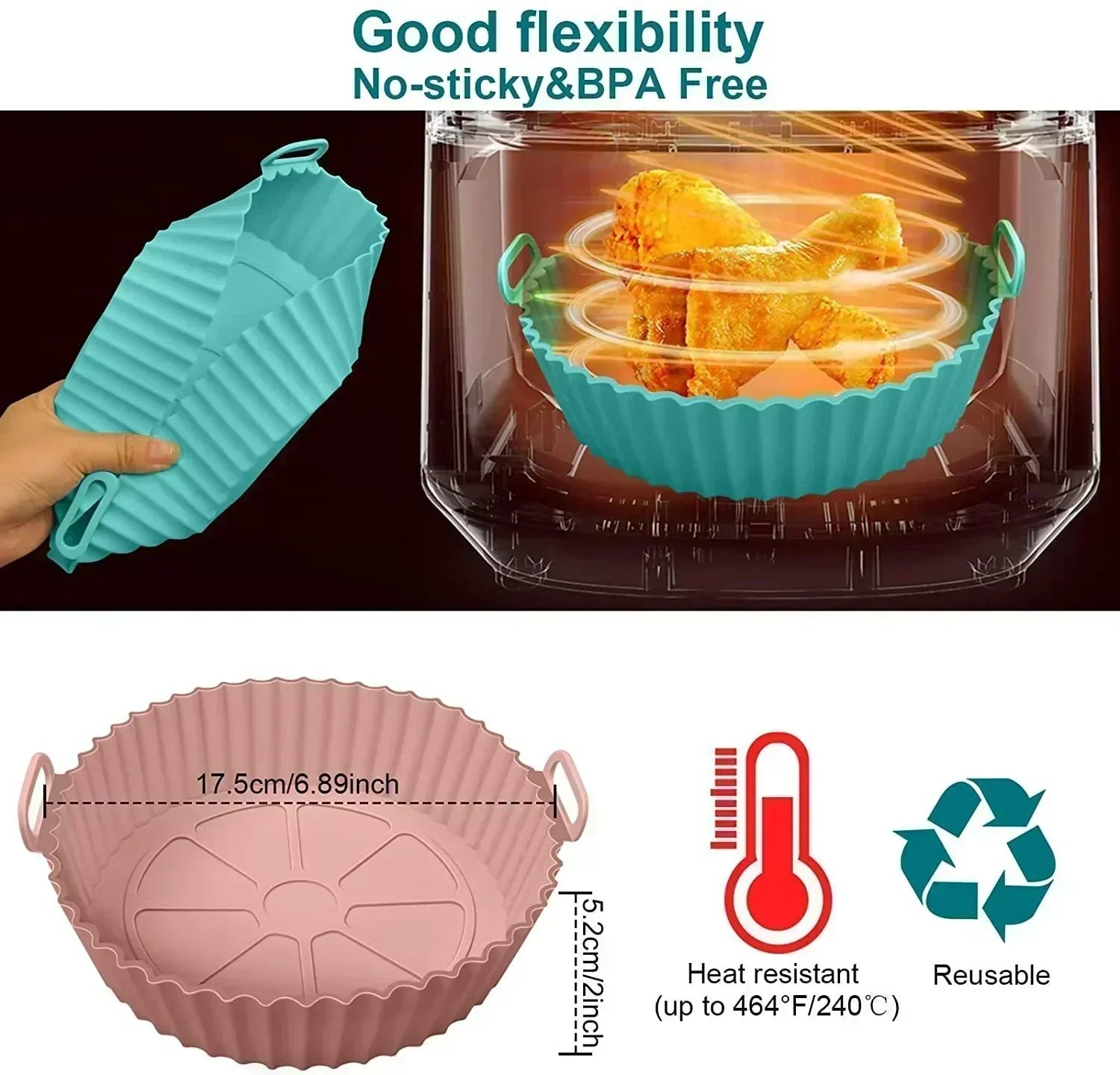 Moonval Air Fryer Silicone Liner, Reusable Heat-Resistant Baking Tray with Handles