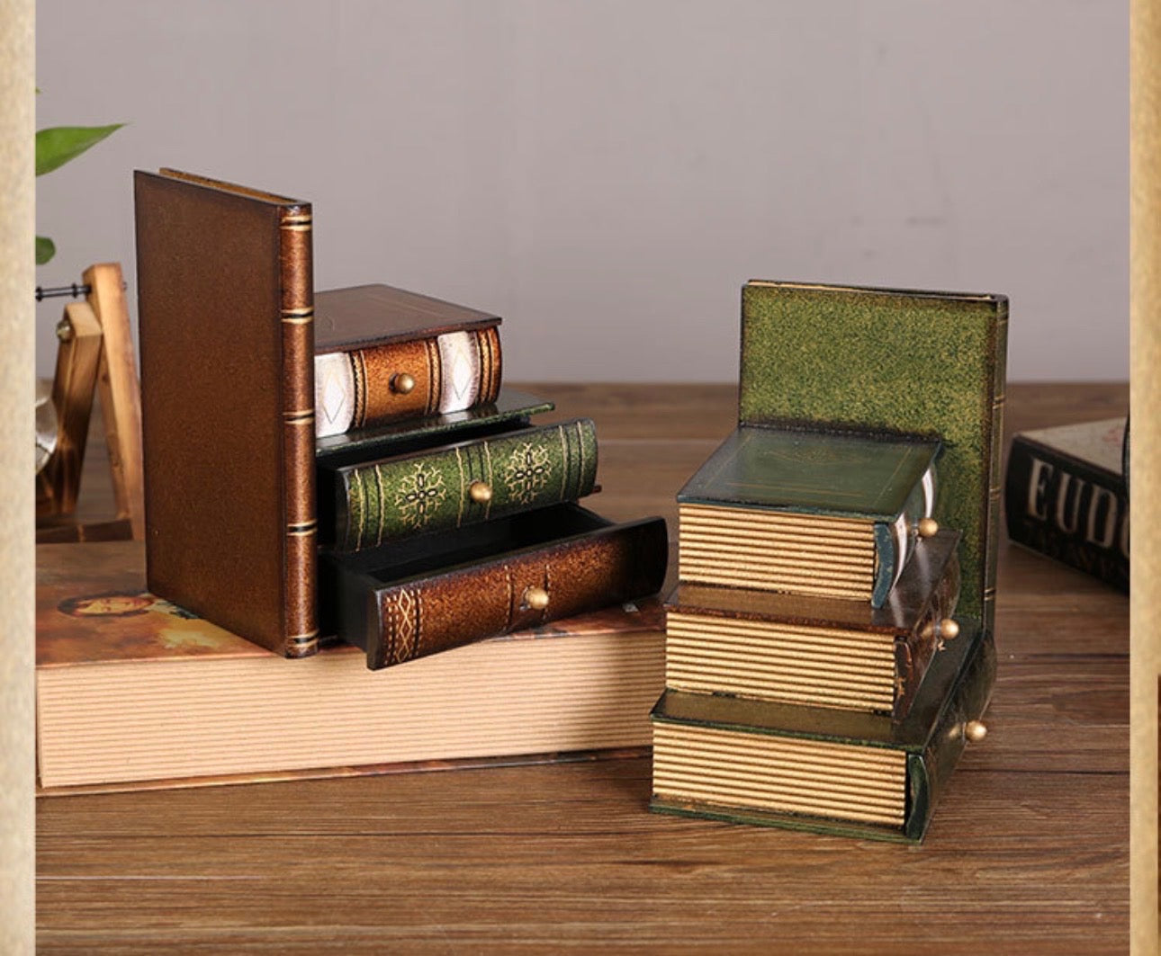 Moonval Decorative Bookend with Hidden Jewelry Drawers, Vintage Wooden Book Organizer