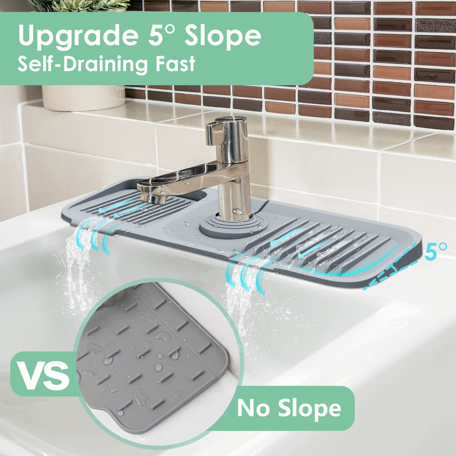 Moonval Silicone Faucet Splash Guard, 5° Self-Draining Sink Mat with Adjustable Opening