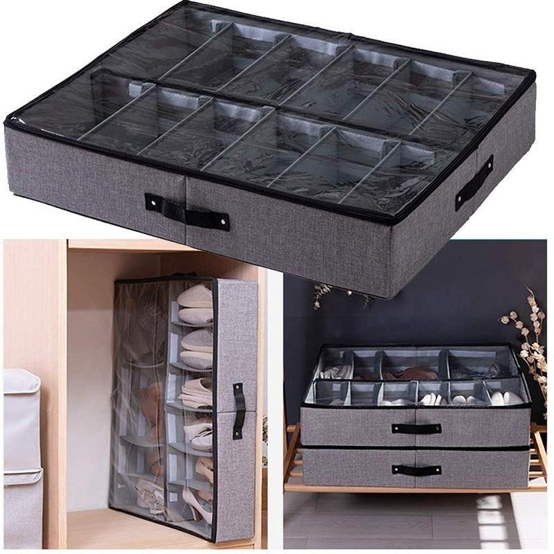 Moonval Under Bed Shoe Organizer, Foldable Storage Bag with Clear Lid & Dividers