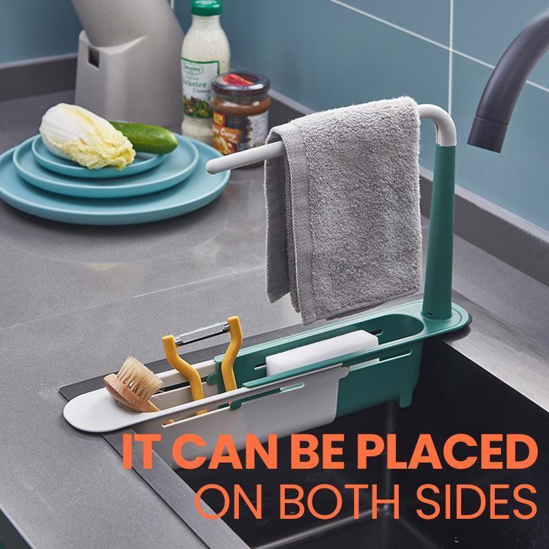 Moonval Expandable Sink Caddy, Adjustable Drain Rack with Towel Bar & Utensil Holder