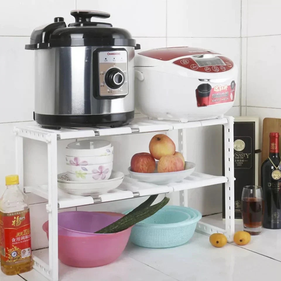 Moonval Adjustable Under Sink Shelf, Expandable Storage Organizer Rack for Kitchen & Bathroom Cabinets
