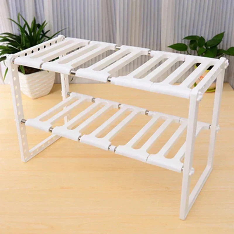Moonval Adjustable Under Sink Shelf, Expandable Storage Organizer Rack for Kitchen & Bathroom Cabinets