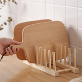Moonval Bamboo Dish & Cutting Board Organizer, Kitchen Storage Rack for Plates, Lids & Trays