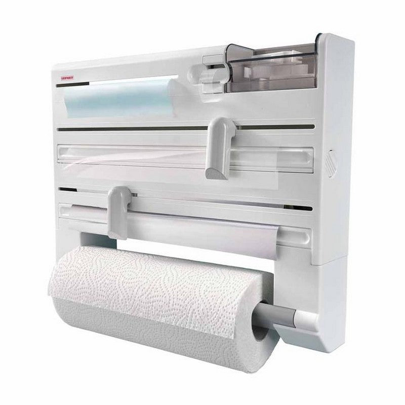 Moonval 4-in-1 Wall-Mounted Kitchen Roll Holder, Paper Towel, Foil & Wrap Dispenser with Shelf