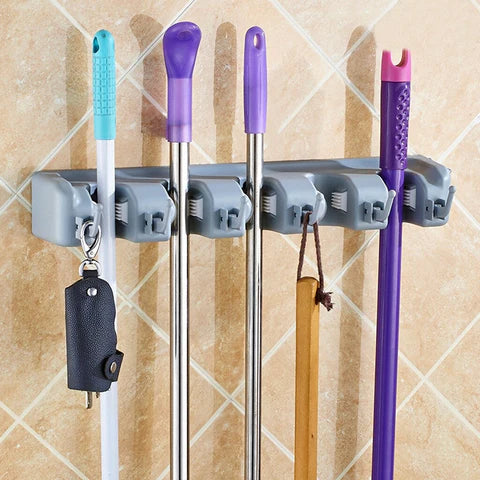 Moonval Broom & Mop Organizer, Wall-Mounted Storage Rack with Heavy-Duty Holders & Utility Hooks