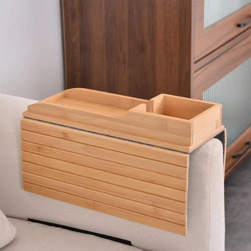 Moonval Bamboo Couch Cup Holder, Wooden Sofa Armrest Tray with Phone Slot & Snack Holder