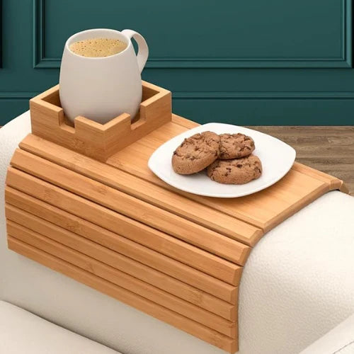 Moonval Bamboo Couch Cup Holder, Wooden Sofa Armrest Tray with Phone Slot & Snack Holder