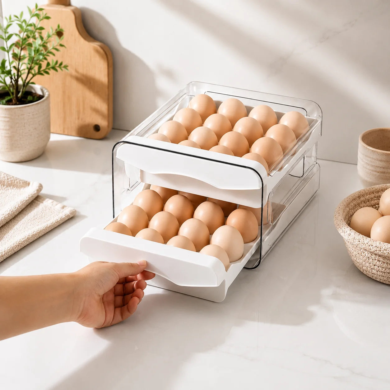 Moonval Double-Layer Egg Storage Box, Clear Acrylic Refrigerator Organizer with Pull-Out Drawers