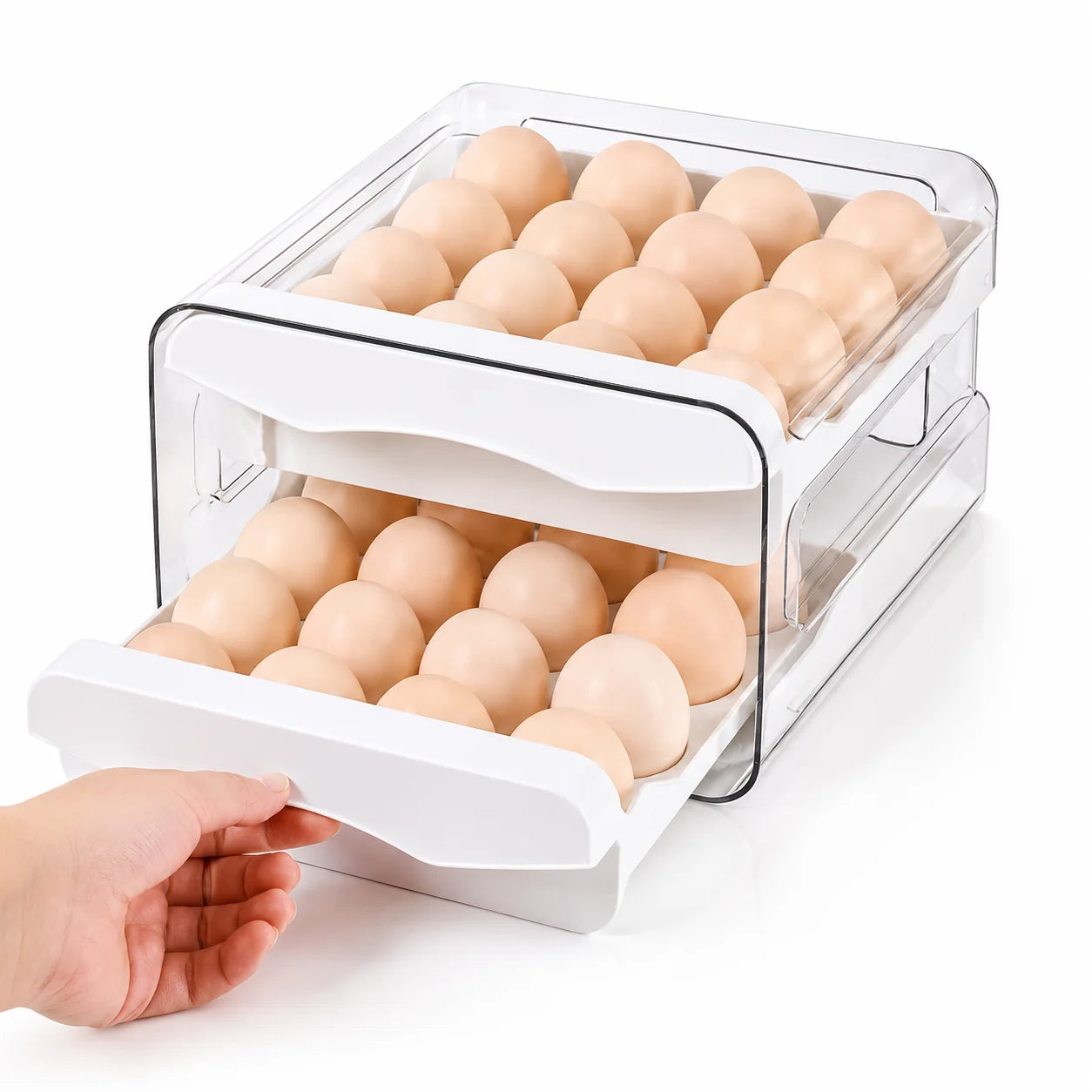 Moonval Double-Layer Egg Storage Box, Clear Acrylic Refrigerator Organizer with Pull-Out Drawers