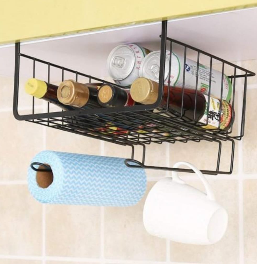 Moonval Under Cabinet Storage Shelf Set of 2, Hanging Kitchen Organizer with Paper Towel Holder