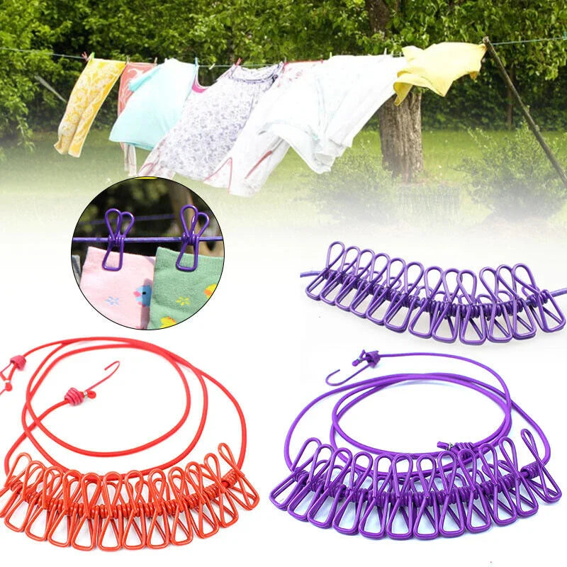 Moonval Portable Clothesline, Drying Rope with End Hooks & 12 Attached Laundry Clips