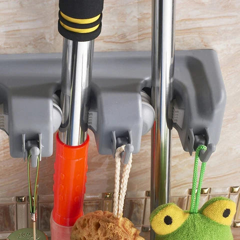 Moonval Broom & Mop Organizer, Wall-Mounted Storage Rack with Heavy-Duty Holders & Utility Hooks