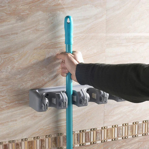 Moonval Broom & Mop Organizer, Wall-Mounted Storage Rack with Heavy-Duty Holders & Utility Hooks