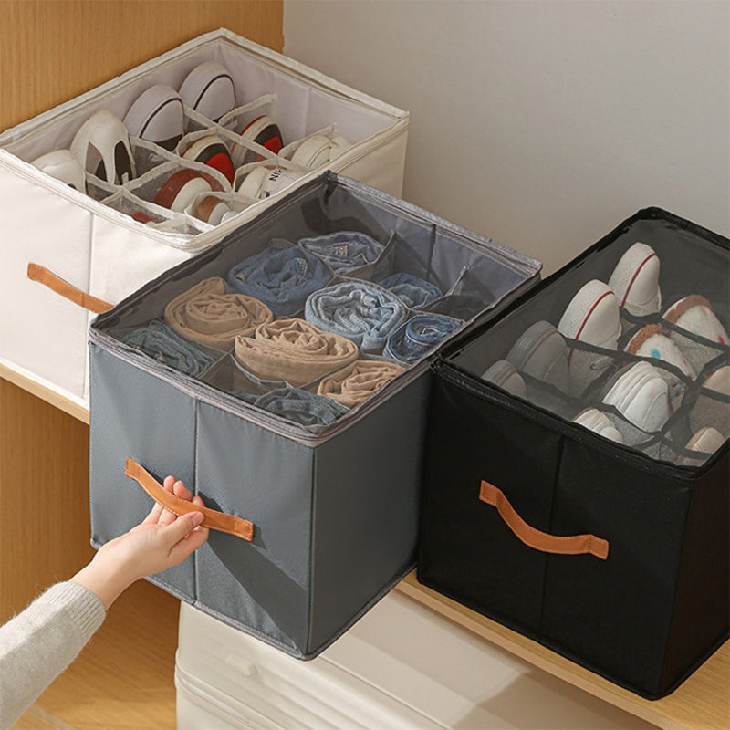 Moonval Foldable Shoe Storage Box, Divided Closet Organizer with Clear Zip Lid