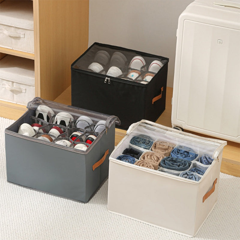 Moonval Foldable Shoe Storage Box, Divided Closet Organizer with Clear Zip Lid