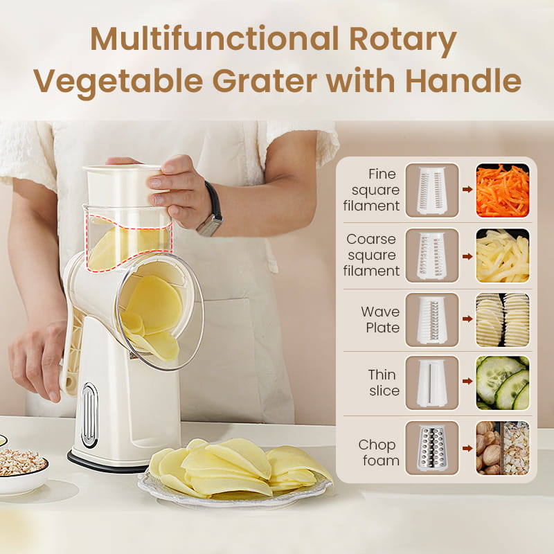 Moonval Rotary Vegetable Slicer, Multifunction Hand-Crank Vegetable Grater with Interchangeable Blades
