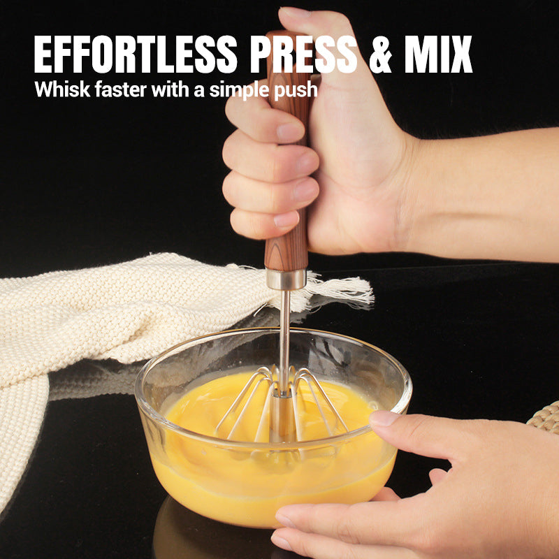 Moonval Semi-Automatic Egg Whisk, Stainless Steel Hand Mixer with Wooden Handle