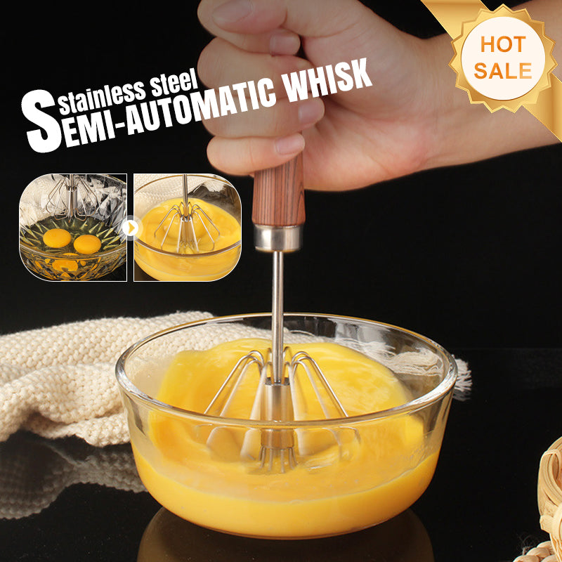 Moonval Semi-Automatic Egg Whisk, Stainless Steel Hand Mixer with Wooden Handle