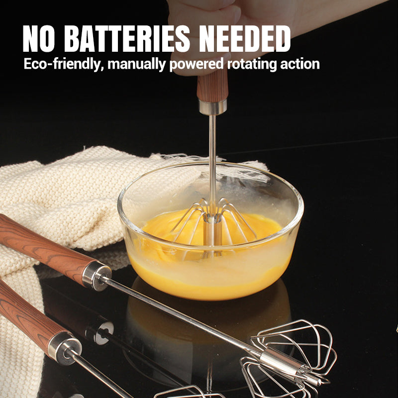 Moonval Semi-Automatic Egg Whisk, Stainless Steel Hand Mixer with Wooden Handle