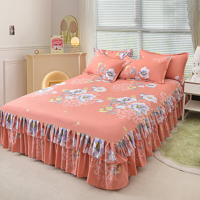 Moonval 3-Piece Ruffled Bed Skirt Set, Floral Printed Fitted Sheet & Pillowcase Set