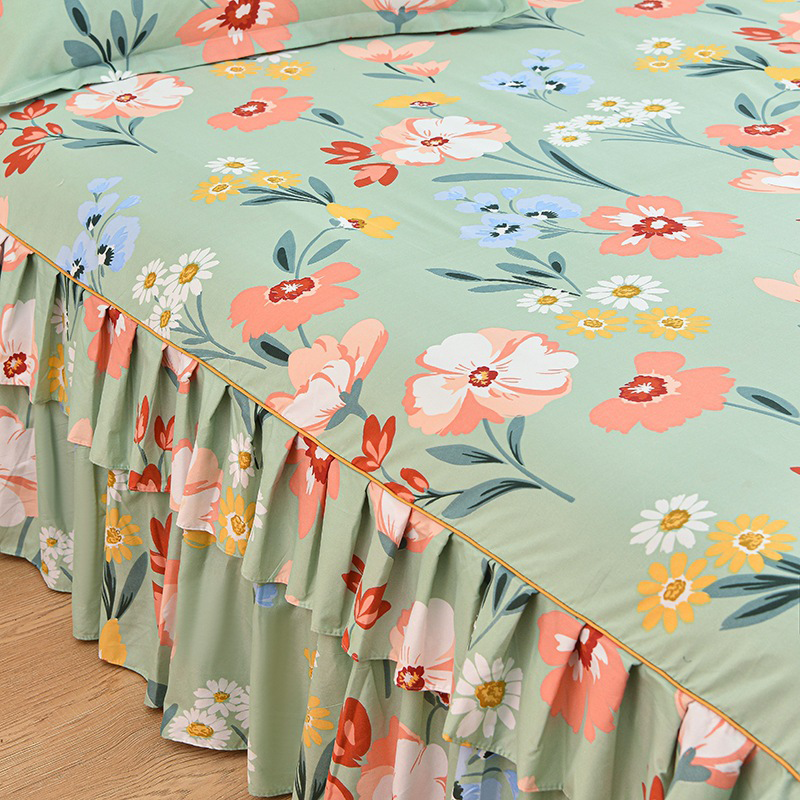 Moonval 3-Piece Ruffled Bed Skirt Set, Floral Printed Fitted Sheet & Pillowcase Set