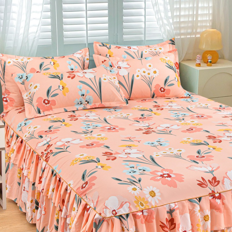 Moonval 3-Piece Ruffled Bed Skirt Set, Floral Printed Fitted Sheet & Pillowcase Set