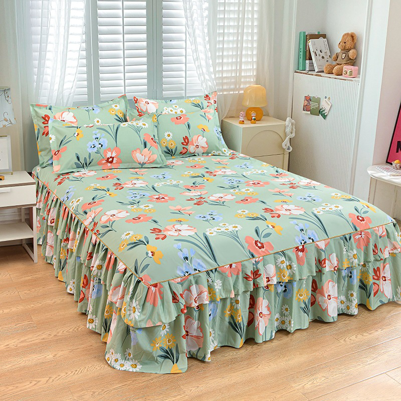 Moonval 3-Piece Ruffled Bed Skirt Set, Floral Printed Fitted Sheet & Pillowcase Set