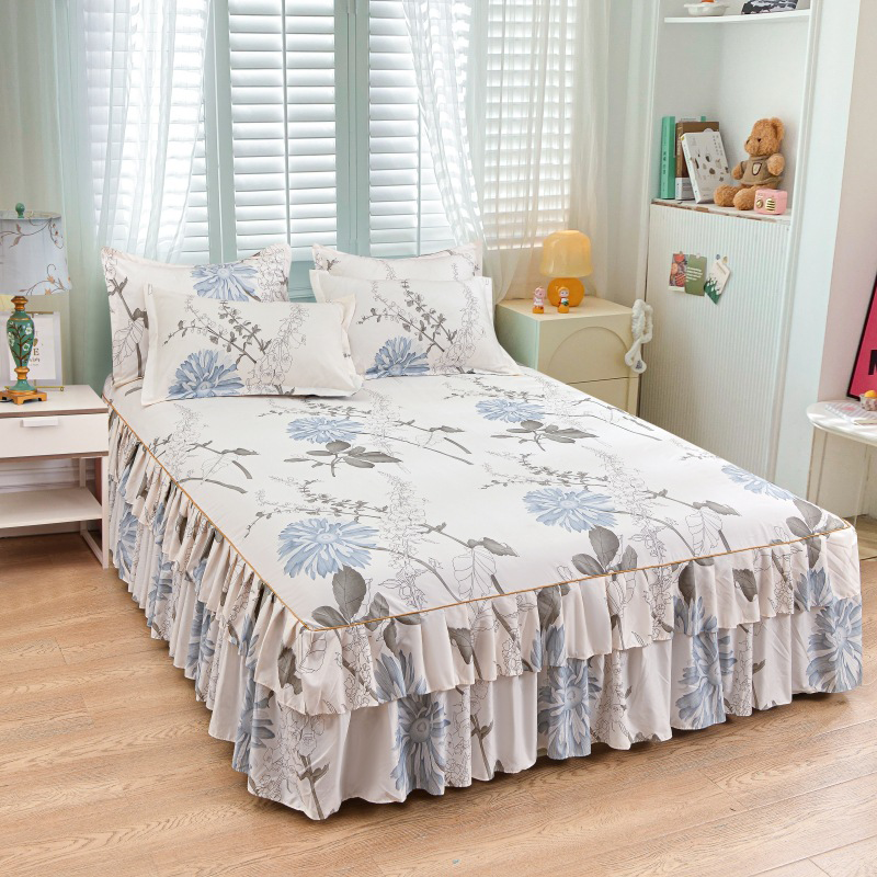 Moonval 3-Piece Ruffled Bed Skirt Set, Floral Printed Fitted Sheet & Pillowcase Set