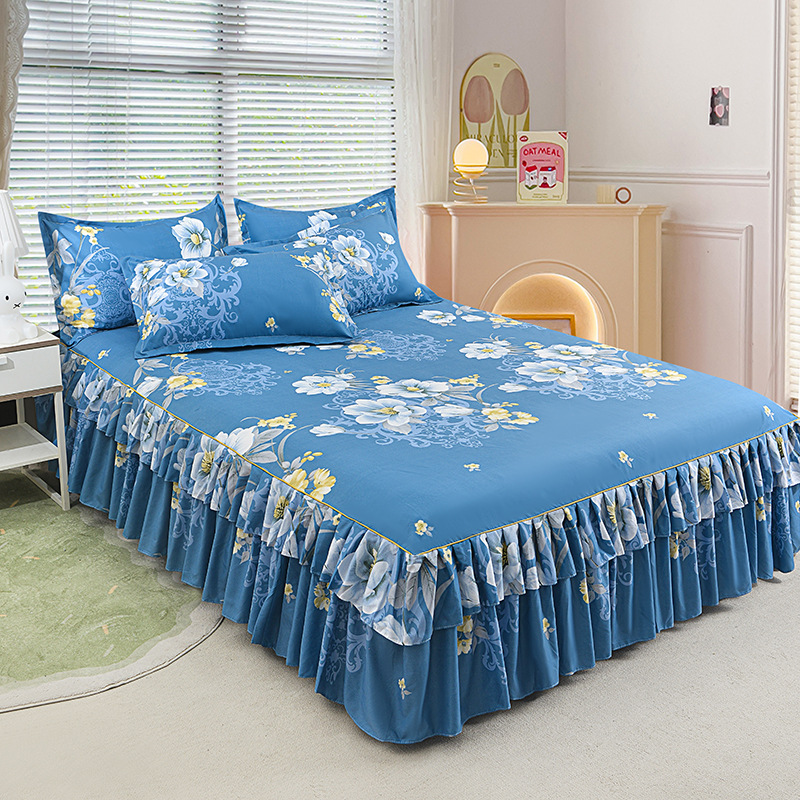 Moonval 3-Piece Ruffled Bed Skirt Set, Floral Printed Fitted Sheet & Pillowcase Set