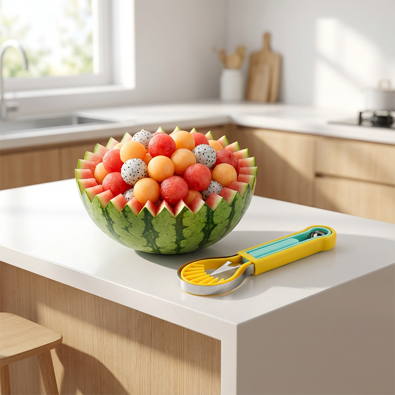 Moonval 3-in-1 Melon Ball Scoop Set, Multifunction Fruit Carving Knife & Scoop for Food Prep