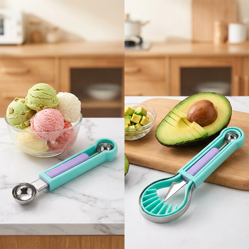 Moonval 3-in-1 Melon Ball Scoop Set, Multifunction Fruit Carving Knife & Scoop for Food Prep