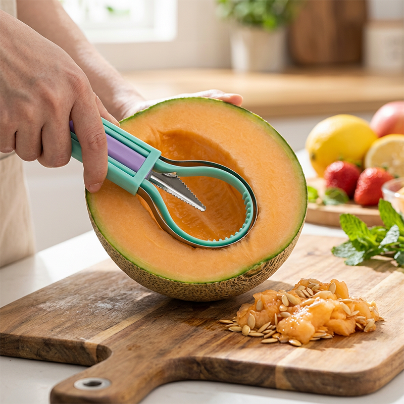 Moonval 3-in-1 Melon Ball Scoop Set, Multifunction Fruit Carving Knife & Scoop for Food Prep