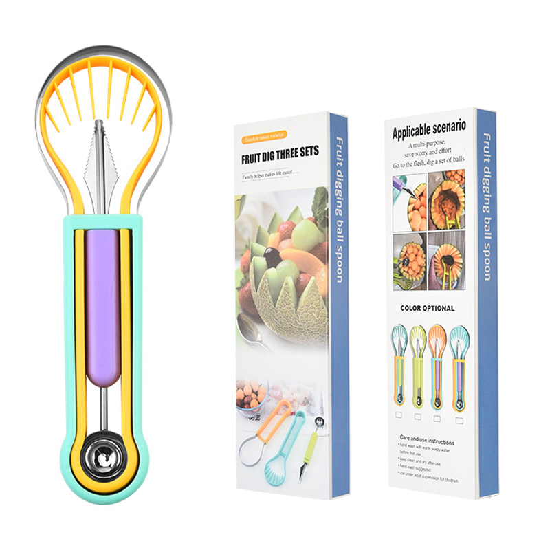 Moonval 3-in-1 Melon Ball Scoop Set, Multifunction Fruit Carving Knife & Scoop for Food Prep