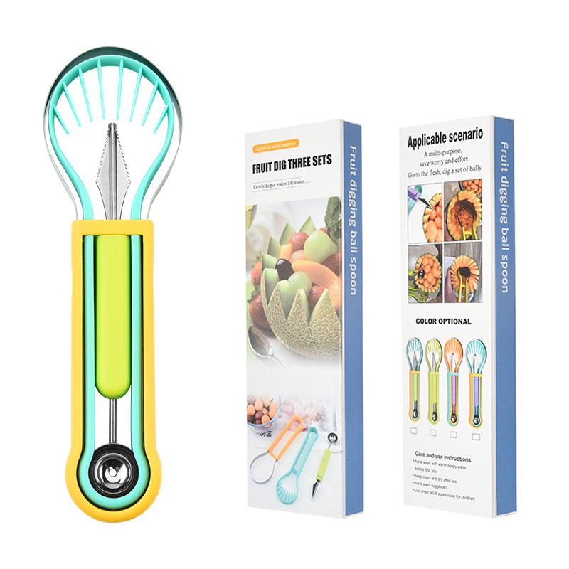 Moonval 3-in-1 Melon Ball Scoop Set, Multifunction Fruit Carving Knife & Scoop for Food Prep
