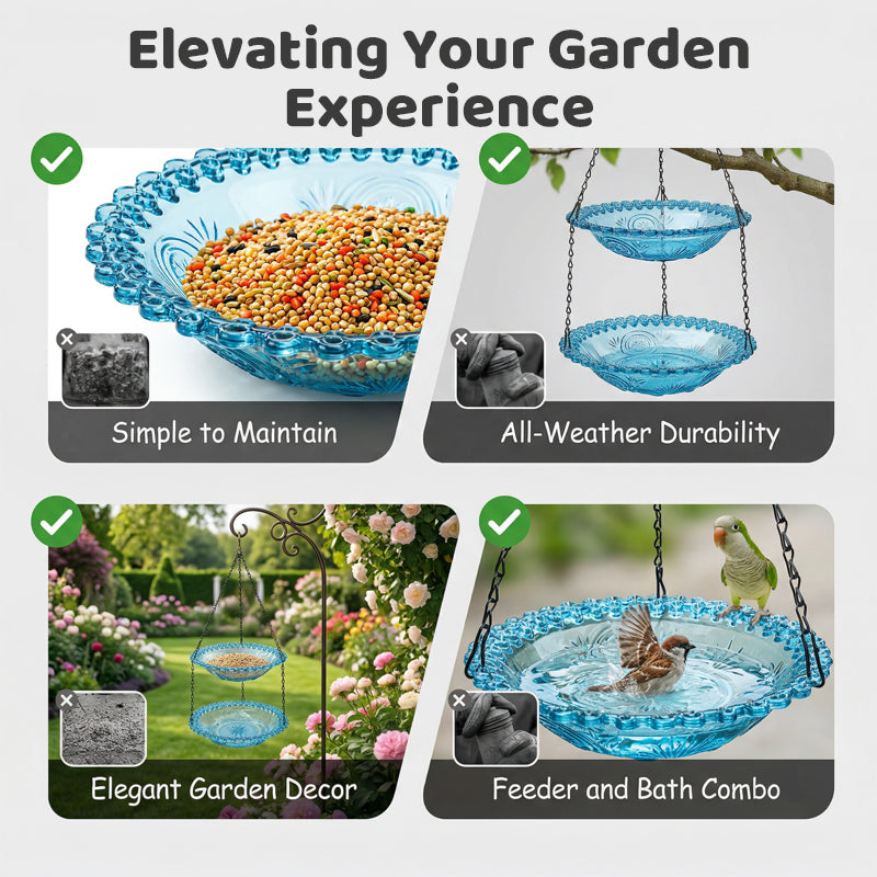 Moonval Glass Hanging Bird Feeder & Bath, Vintage Outdoor Garden Feeder with Hanging Chain