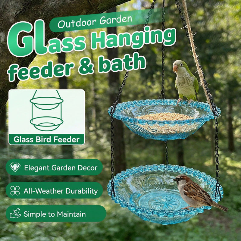 Moonval Glass Hanging Bird Feeder & Bath, Vintage Outdoor Garden Feeder with Hanging Chain