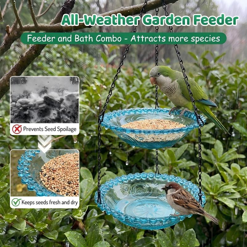 Moonval Glass Hanging Bird Feeder & Bath, Vintage Outdoor Garden Feeder with Hanging Chain