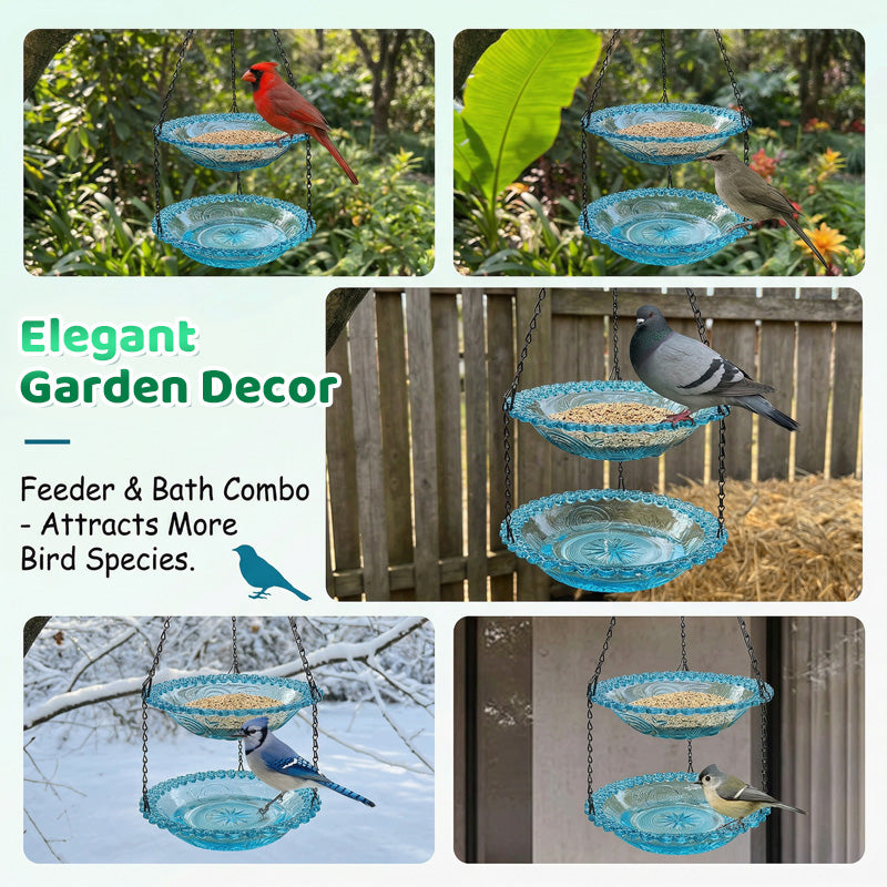 Moonval Glass Hanging Bird Feeder & Bath, Vintage Outdoor Garden Feeder with Hanging Chain