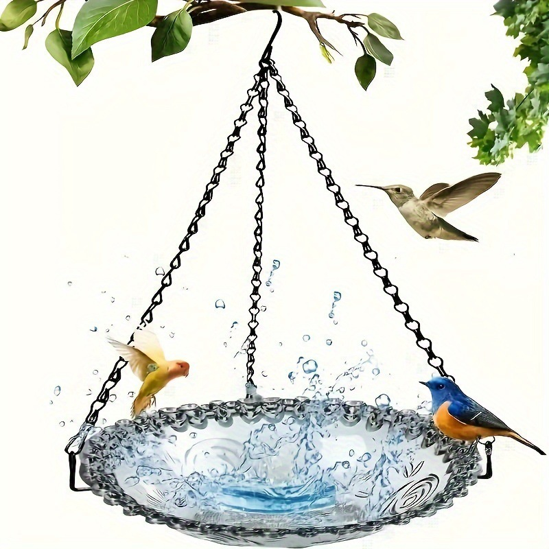 Moonval Glass Hanging Bird Feeder & Bath, Vintage Outdoor Garden Feeder with Hanging Chain