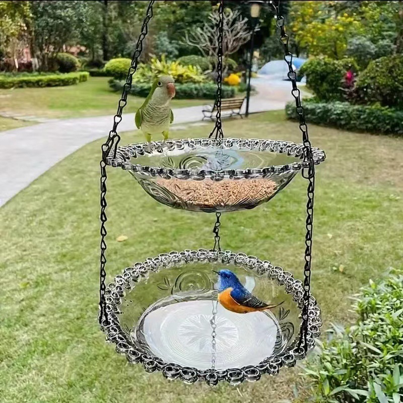 Moonval Glass Hanging Bird Feeder & Bath, Vintage Outdoor Garden Feeder with Hanging Chain