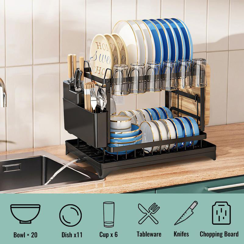 Moonval 2-Tier Dish Drying Rack, Drain Tray, Utensil Holder, Space-Saving